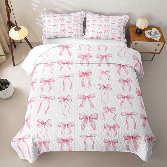 Manfei Girly Bow Twin Quilt Set For Kids,Pink Ribbon Bowknot Twin Coverlet Set,2-Piece