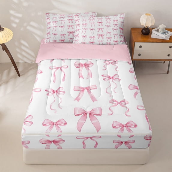 Manfei Girly Bow Zipper Twin Comforter Sets with Fitted Sheet and 2 Pillowcases For Kids,Pink Ribbon Bowknot Zipper Bedding Set,Pink Reversible,4-Piece