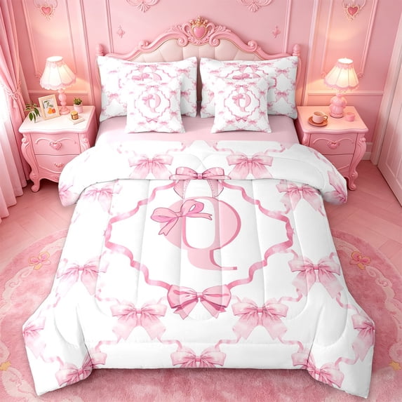 Manfei Girly Bowknot 7-Piece Twin Bedding Sets For Girl,Letter Q Initial Lettering Bedding Comforter Set For Kids,Pink Reversible