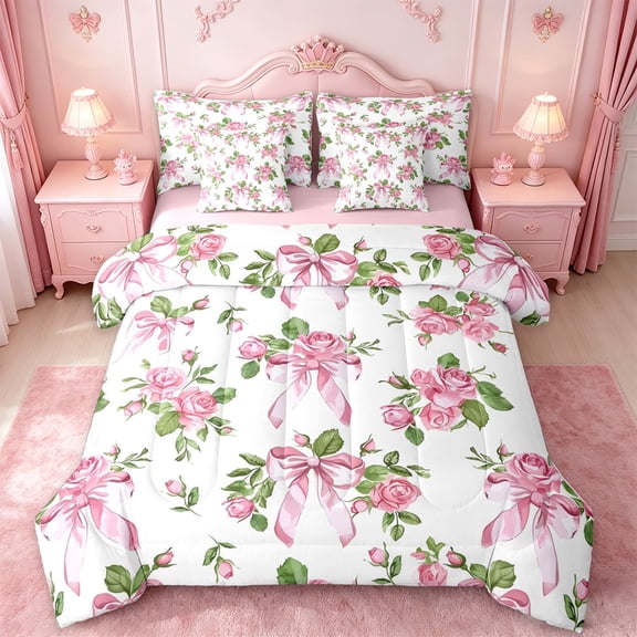 Manfei Girly Bowknot 7-Piece Twin Bedding Sets,Rustic Botanical Floral Bedding Comforter Set For Kids,Pink Reversible