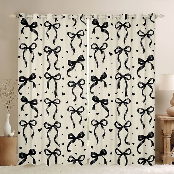 Manfei Girly Bowknot Curtains Pack of 2 (42x84 Each) For Kids,Black Ribbon Bow Print Curtains Blackout For Girls