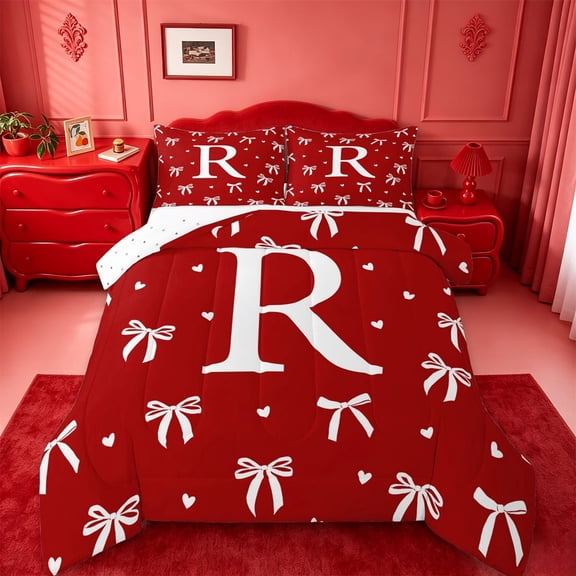 Manfei Girly Bowknot Full Size Comforter Sets For Kids,Christmas Red Theme Letter R Initial Lettering Bedding Sets,Reversible,3 Pieces