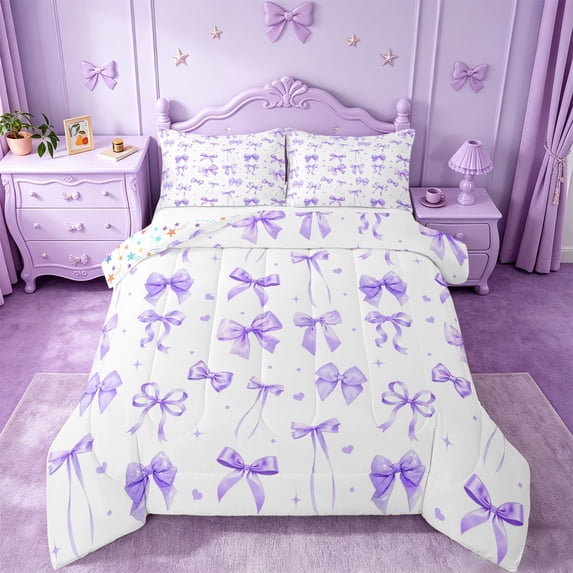 Manfei Girly Bowknot Queen Comforter Set For Girls,Purple Coquette Bow Bedding Comforter Set For Kids,Reversible,3 Pieces