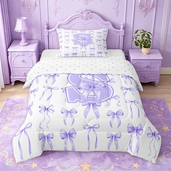 Manfei Girly Bowknot Twin Comforter Sets For Kids,Purple Letter S Initial Lettering Bedding Set For Girls,Reversible,2pcs