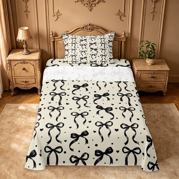 Manfei Girly Bowknot Twin Sheet Sets For Kids,Black Ribbon Bow Print Bedding For Girls,3 Pieces