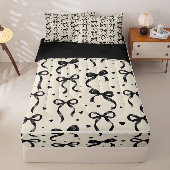 Manfei Girly Bowknot Zipper Full Size Comforter Sets with Fitted Sheet and 2 Pillowcases For Kids,Black Ribbon Bow Print Zipper Bedding Set For Girls,Black Reversible,4 Pieces