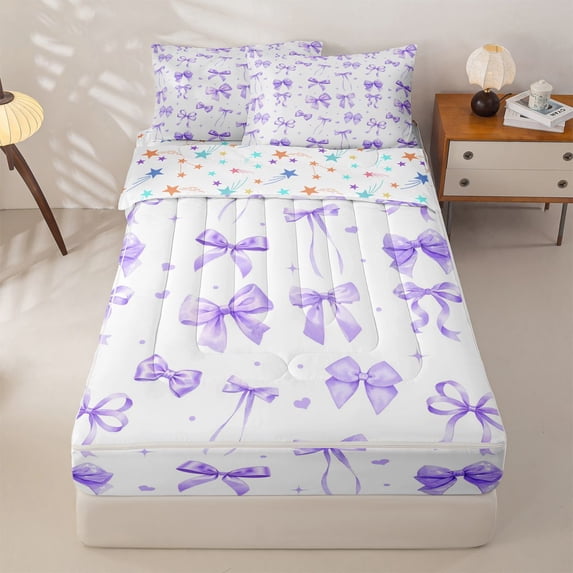 Manfei Girly Bowknot Zipper Twin Comforter Sets with Fitted Sheet and 2 Pillowcases For Girls,Purple Coquette Bow Zipper Bedding Set For Kids,Reversible,4 Pieces