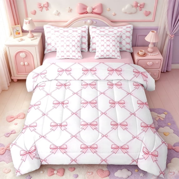 Manfei Girly Bowtie 7-Piece Twin Bedding,Cute Pink Bow Bedding Comforter Set,Pink Reversible
