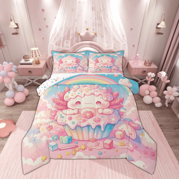 Manfei Girly Cake Axolotl Bedding Comforter Set, Kawaii Cartoon Animal Twin Comforter Sets, Dreamy Sky Rainbow Reversible Bedding Set, Super Cozy Room Decor, 2-Piece