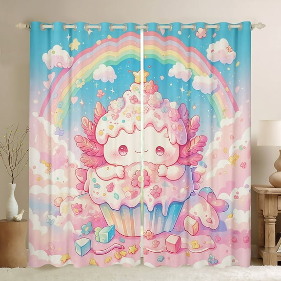 Manfei Girly Cake Axolotl Black Out Curtains, Kawaii Cartoon Animal Curtains Pack of 2 (42x63 Each), Dreamy Sky Rainbow Bedroom Curtains, Curtains and Drapes Room Decor