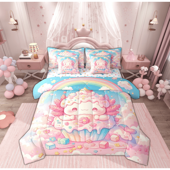 Manfei Girly Cake Axolotl Twin Bedding Sets 7-Piece, Kawaii Cartoon Animal Bedding Comforter Set, Dreamy Sky Rainbow Reversible Sheet Sets, Super Cozy Room Decor