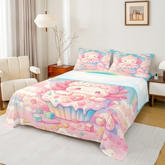 Manfei Girly Cake Axolotl Twin Sheet Sets, Kawaii Cartoon Animal Twin Fitted Sheet, Dreamy Sky Rainbow Flat Sheet, Super Cozy Room Decor, 3-Piece