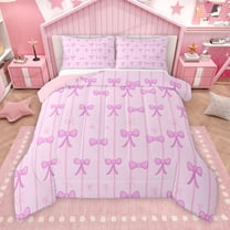 Manfei Girly Cartoon Bowknot Bedding Comforter Set, Chic Pink Stripes Ombre Twin Comforter Sets, Teens Kids Girls Female Reversible Bedding Set, Breathable Home Decor, 2-Piece
