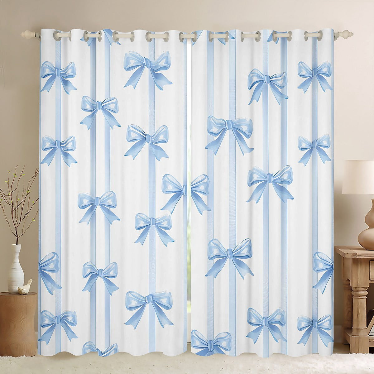 Manfei Girly Cartoon Bowknot Black Out Curtains, Chic Blue Stripes ...