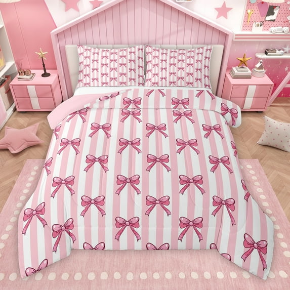 Manfei Girly Cartoon Bowknot Queen Comforter Set, Chic Stripes Ombre Bedding Sets, Teens Kids Girls Female Reversible Bedding Comforter Set, Luxury Bedroom Decor, 3pcs