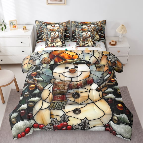 Manfei Girly Cartoon Snowman Twin Bedding Sets 7-Piece for Kid, Merry Christmas Bedding Comforter Set, Western Winter Festival Reversible Sheet Sets, Luxury Bedroom Decor