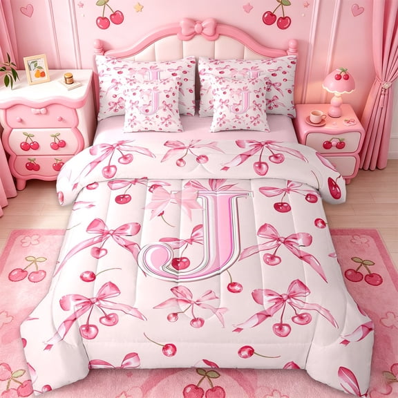 Manfei Girly Cherry Bow Design 7-Piece Twin Bedding Sets For Girls,Letter J Alphabet Initial Bedding Comforter Set,Pink Reversible