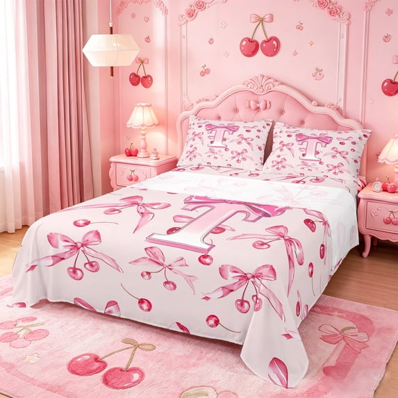 Manfei Girly Cherry Bowknot Design Bed Sheets For Kids,Letter T Alphabet Initial King Sheets,4 Pieces