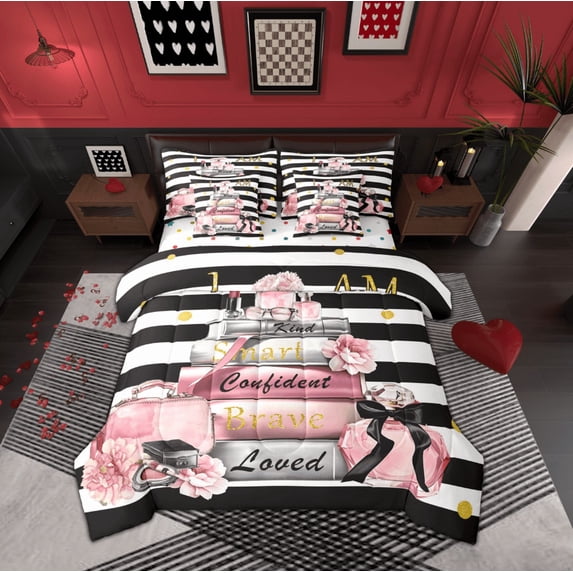 Manfei Girly Fashion Bag Bedding Comforter Set 7-Piece,Books Flower Perfume King Bedding Sets,Modern Geometric Striped Bed Sheets For Girls,Breathable Home Decor,Reversible