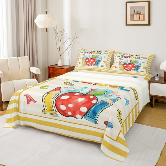 Manfei Girly Gold Cartoon Queen Sheet Sets for Teen, Cute Initial Letter Flat Sheet, Cartoon Pencil Queen Fitted Sheet, Luxury Bedroom Decor, 4 Pieces