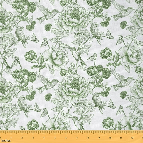 Manfei Girly Green Flower Fabric by the Yard (5 Yards), Vintage Bird Decorative Fabric by the Yard, Botanical Plant Floral Sewing & Crafting Fabric