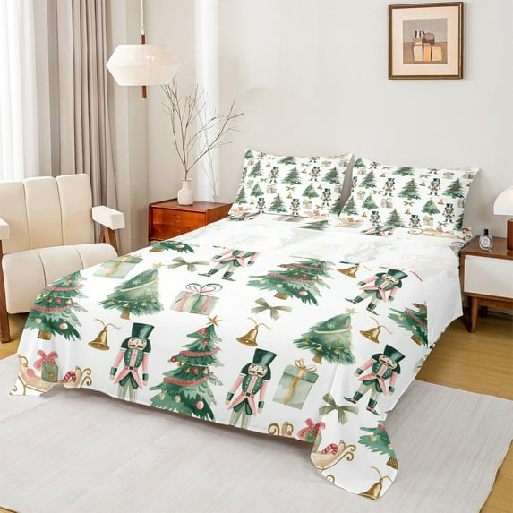 Manfei Girly Green Tree Full Size Sheets, Fairy Tale Nutcracker Bed Sheets, Merry Christmas Theme Sheet Sets, Microfiber Bedroom Decor, 4 Pieces