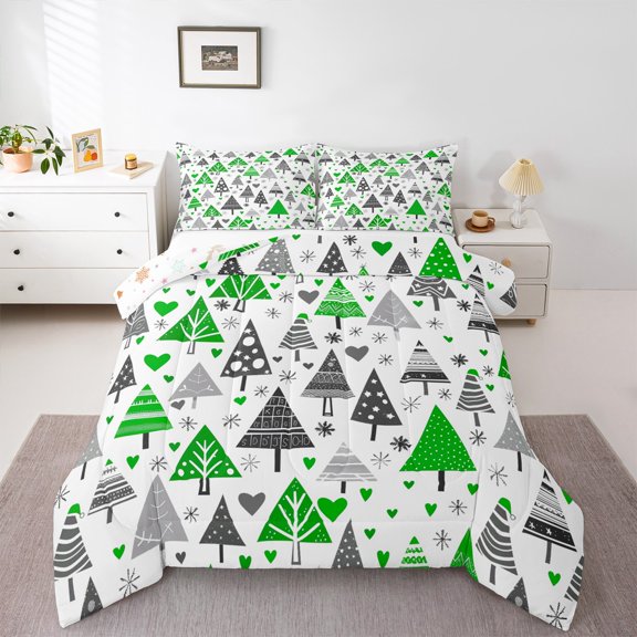 Manfei Girly Green Tree Queen Comforter Set, Rustic Winter Snowflake Bedding Sets, Merry Christmas Theme Reversible Bedding Comforter Set, Luxury Bedroom Decor, 3 Pieces
