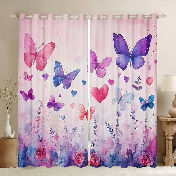 Manfei Girly Kawaii Butterfly Black Out Curtains for Girls, Pink Purple Watercolor Curtains Pack of 2 (42x63 Each), Cute Cartoon Animals Bedroom Curtains, Window Curtains Decor