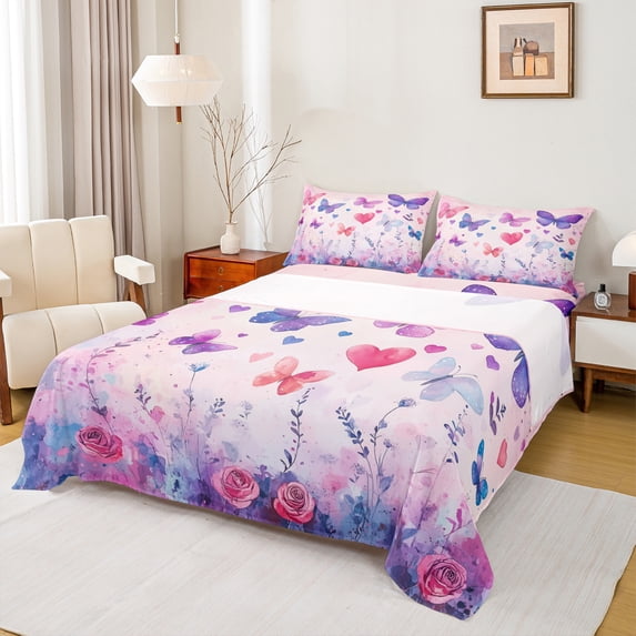 Manfei Girly Kawaii Butterfly Queen Sheet Sets for Girls, Pink Purple Watercolor Flat Sheet, Cute Cartoon Animals Queen Fitted Sheet, Luxury Bedroom Decor, 4 Pieces