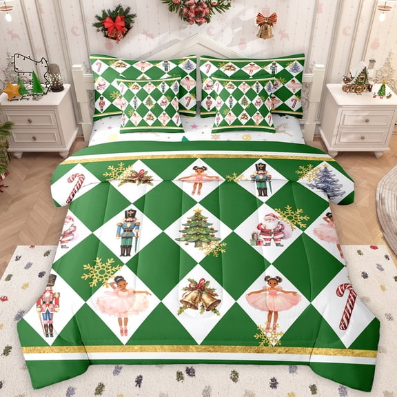 Manfei Girly Kawaii Princess Twin Bedding Sets 7-Piece for Kid, Dreamy Snowflake Xmas Tree Bedding Comforter Set, Cute Nutcracker Guard Reversible Sheet Sets, Ultra Soft Bedroom Decor