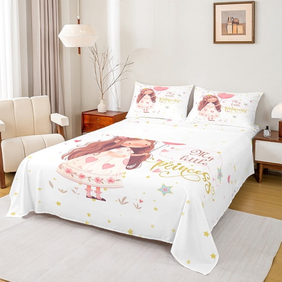 Manfei Girly Little Princess Bed Sheets, Cartoon Gold Stars King Sheets, Teen Girl Kid Sheet Set, Breathable Home Decor, 4 Pieces