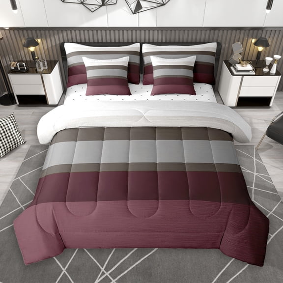 Manfei Girly Maroon Stripes 7-Piece Bedding Comforter Set for Female, Modern Abstract Ombre King Bedding Sets, Chic Fashion Artwork Reversible Bed Sheets, Luxury Bedroom Decor