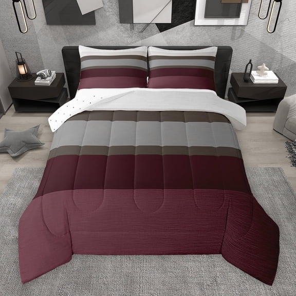 Manfei Girly Maroon Stripes Queen Comforter Set for Female, Modern Abstract Ombre Bedding Sets, Chic Fashion Artwork Reversible Bedding Comforter Set, Luxury Bedroom Decor, 3pcs
