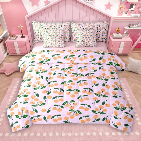 Manfei Girly Orange Cherry for Teen 7-Piece Twin Bedding Sets, Kawaii Cute Fruit Bedding Comforter Set, Princess Cartoon Style Reversible Sheet Sets, Luxury Bedroom Decor