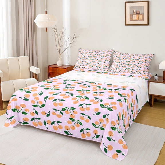 Manfei Girly Orange Cherry for Teen Twin Sheet Sets, Kawaii Cute Fruit Twin Fitted Sheet, Princess Cartoon Style Flat Sheet, Luxury Bedroom Decor, 3 Pieces