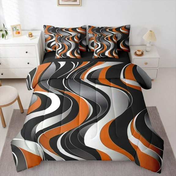 Manfei Girly Orange Minimalst Bedding Comforter Set 7pcs, Stripes Ombre Queen Bedding Sets, Abstract Geometric Reversible Queen Sheet Sets, Lightweight Room Decor