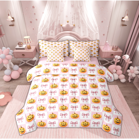Manfei Girly Orange Pumpkin Twin Bedding Sets 7-Piece, Princess Cute Bow-tie Bedding Comforter Set, Teens Girls Kids Reversible Sheet Sets, Ultra Soft Home Decor
