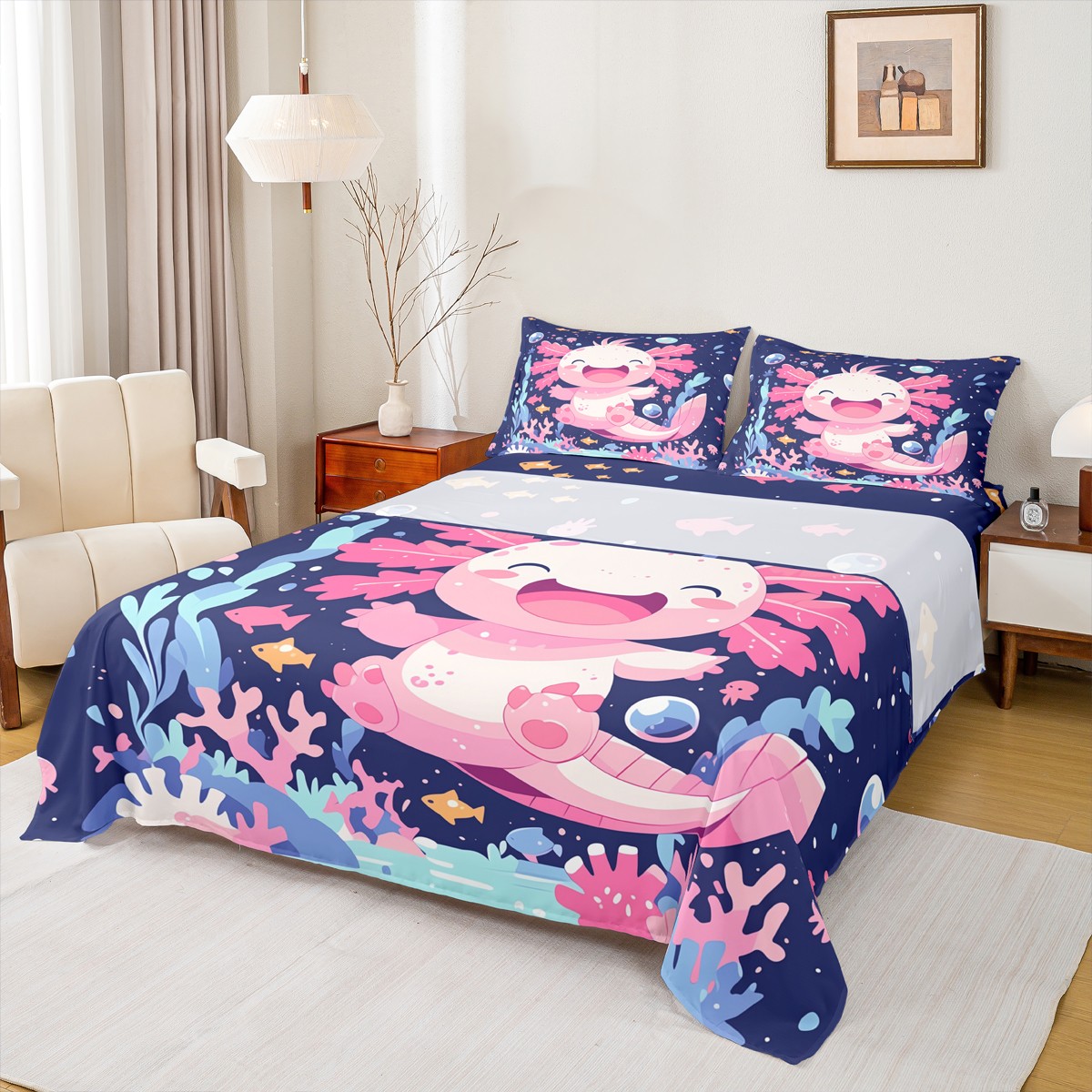 Manfei Girly Pink Axolotl Bed Sheets, Kawaii Cartoon Sealife King ...
