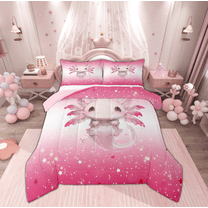 Manfei Girly Pink Axolotl Bedding Comforter Set for Teen, Kawaii Cute Animal Twin Comforter Sets, Princess Cartoon Style Reversible Bedding Set, Lightweight Room Decor, 2 Pieces