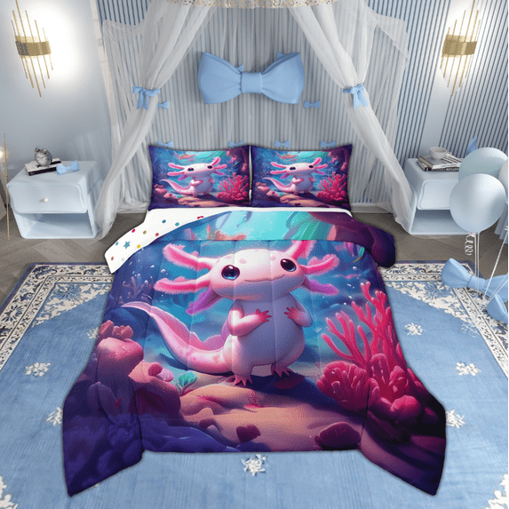 Manfei Girly Pink Axolotl Full Size Comforter Sets, Kawaii Cartoon Sealife Bedding Comforter Set, Marine Ocean Coral Reversible Bedding Sets, Ultra Soft Home Decor, 3pcs