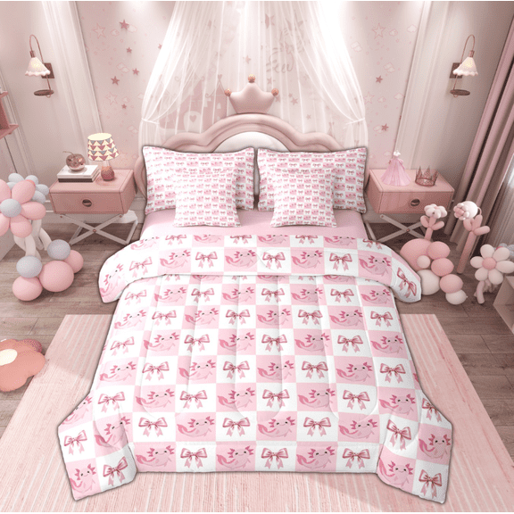 Manfei Girly Pink Axolotl Twin Bedding Sets 7-Piece, Princess Cute Bow-tie Bedding Comforter Set, Teens Girls Kids Reversible Sheet Sets, Lightweight Room Decor