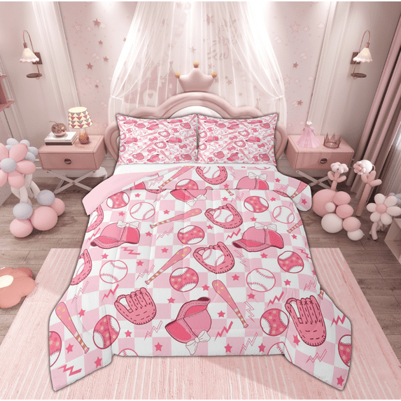 Manfei Girly Pink Baseball Bedding Comforter Set for Kids, Princess Buffalo Twin Comforter Sets, Cartoon Stars Print Reversible Bedding Set, Breathable Home Decor, 2-Piece
