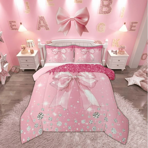 Feelyou Girly Pink Bow Bedding Comforter Set, Glitter Stars Twin Comforter Sets, Kawaii Cartoon Bowknot Bedding Set, Lightweight Bedroom Decor, 2pcs