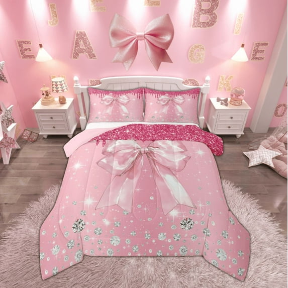 Feelyou Girly Pink Bow Full Size Comforter Sets, Glitter Stars Bedding Comforter Set, Kawaii Cartoon Bowknot Bedding Sets, Lightweight Bedroom Decor, 3pcs