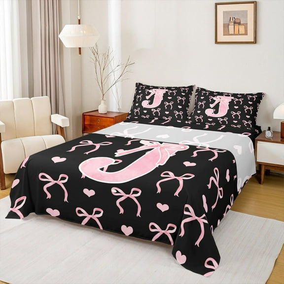 Feelyou Girly Pink Bow Full Size Sheets, Monogrammed J Bed Sheets, Initial A to Z Letter Sheet Sets, Breathable Bedroom Decorative, 4pcs