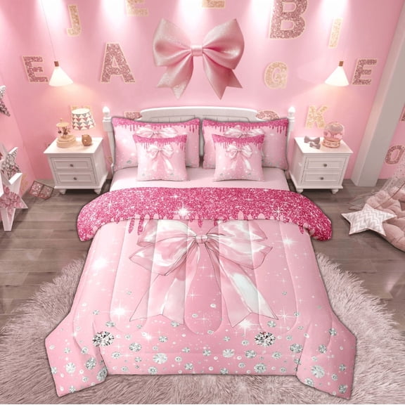 Feelyou Girly Pink Bow Twin Bedding Sets 7-Piece, Glitter Stars Bedding Comforter Set, Kawaii Cartoon Bowknot Sheet Sets, Lightweight Bedroom Decor