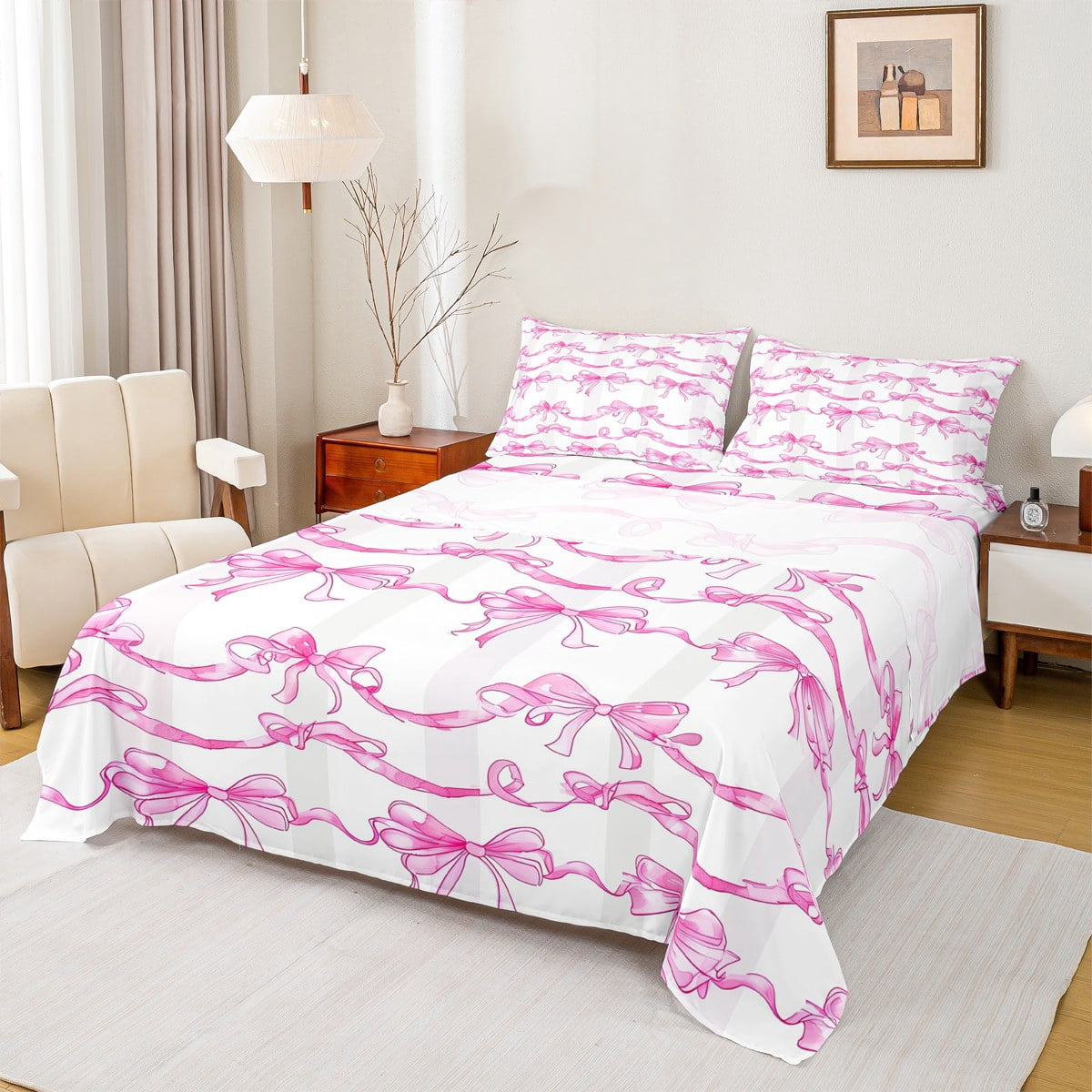 Manfei Girly Pink Bow-tie Bed Sheets King, Kawaii Bowknot King Sheet ...