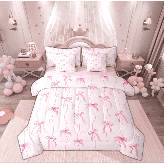 Manfei Girly Pink Bow-tie Bedding Full Size, Kawaii Bow Bedding Sets Full Size, Princess Style Reversible Comforter Sets with Sheets, Lightweight Bedroom Decoration, 7pcs