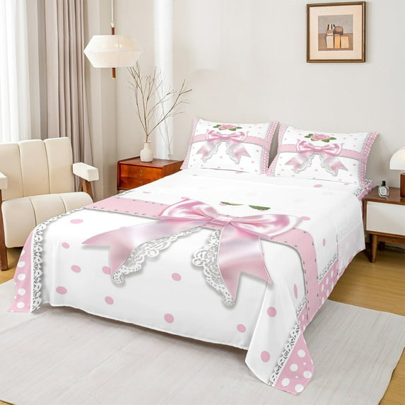 Manfei Girly Pink Bowknot Bed Sheets, Vintage Rose Flower King Sheets, Female Girls Child Sheet Set, Super Cozy Room Decor, 4-Piece