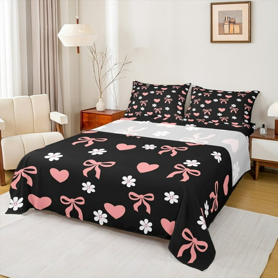 Manfei Girly Pink Bowknot Bed Sheets for Girls, Kawaii Love Heart King Sheets, Cherry Blossoms Sheet Set, Luxury Bedroom Decor, 4 Pieces